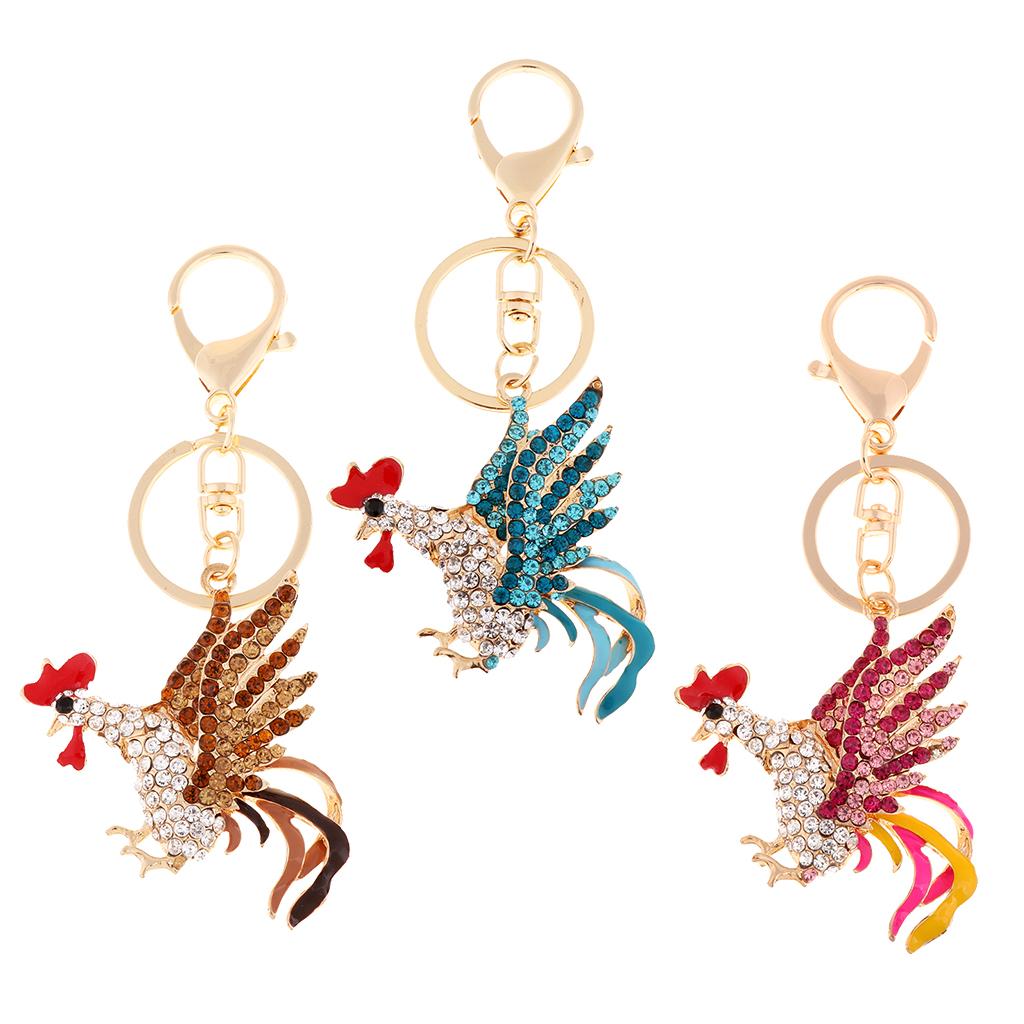2xCock Rooster Chicken Keychain Crystal Bag Pendant Key Ring Gift Jewelry Gold