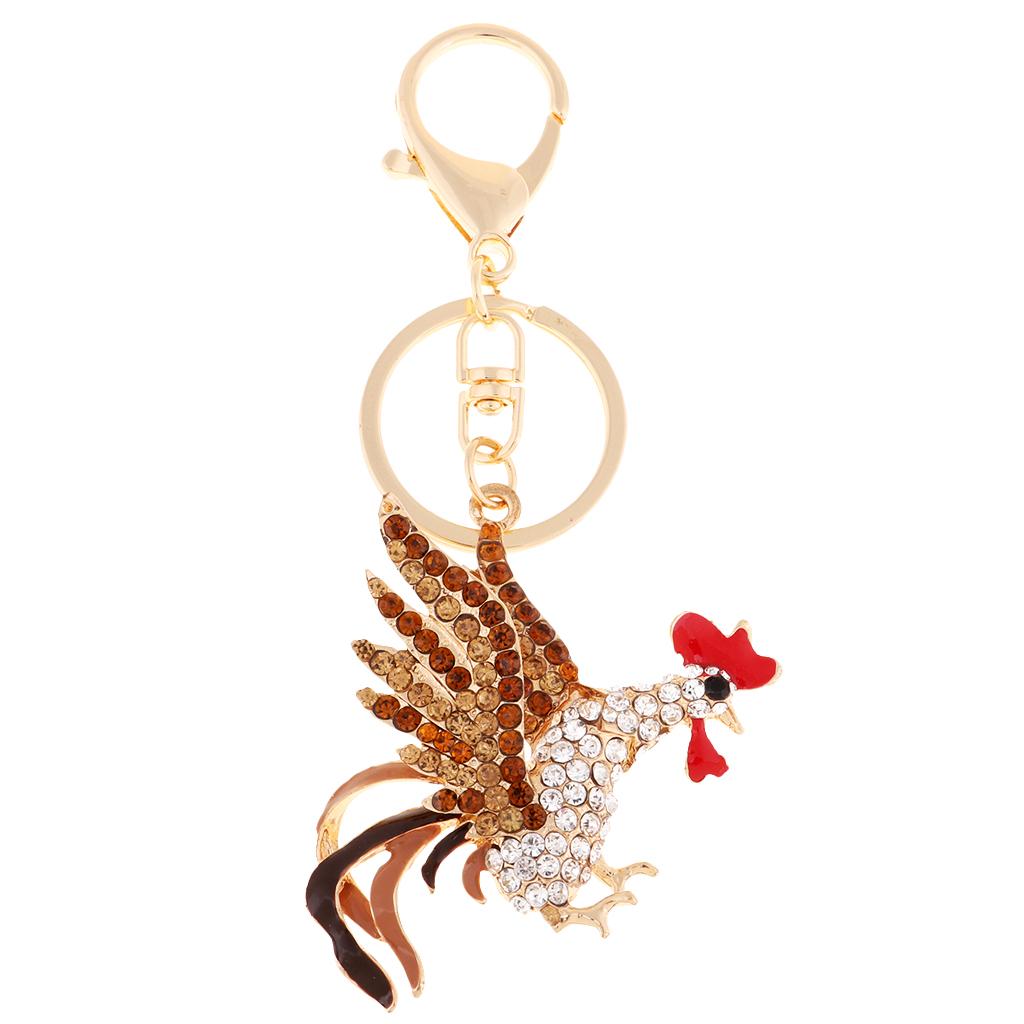 Cock Rooster Chicken Keychain Crystal Bag Pendant Key Ring Gift Jewelry Gold