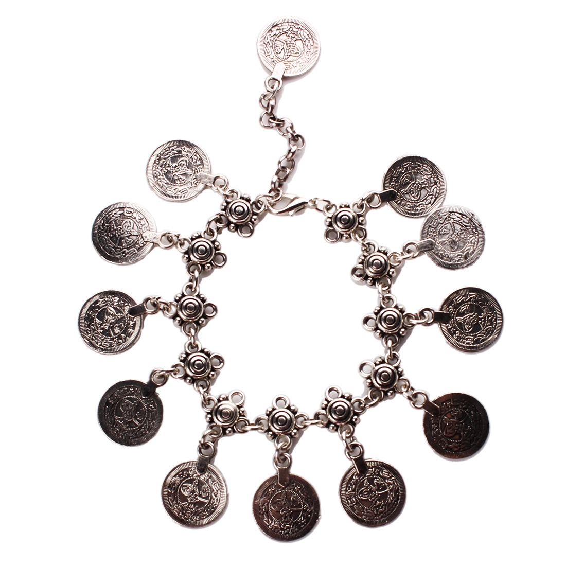 1pc Vintage Bohemian Coin Tassel Chain Bracelet / Anklet Antique Silver 