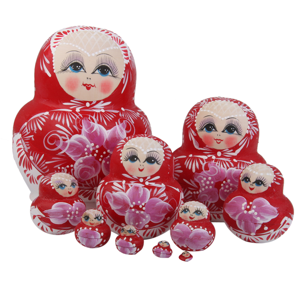 10PCS Painted Flowers Wooden Russian Nesting Dolls - Red