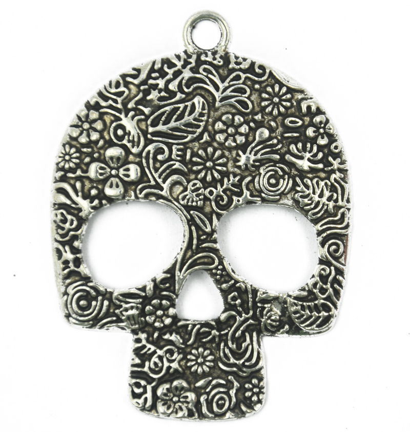 2Pcs Antique Silver Skull Flower Charms Pendant