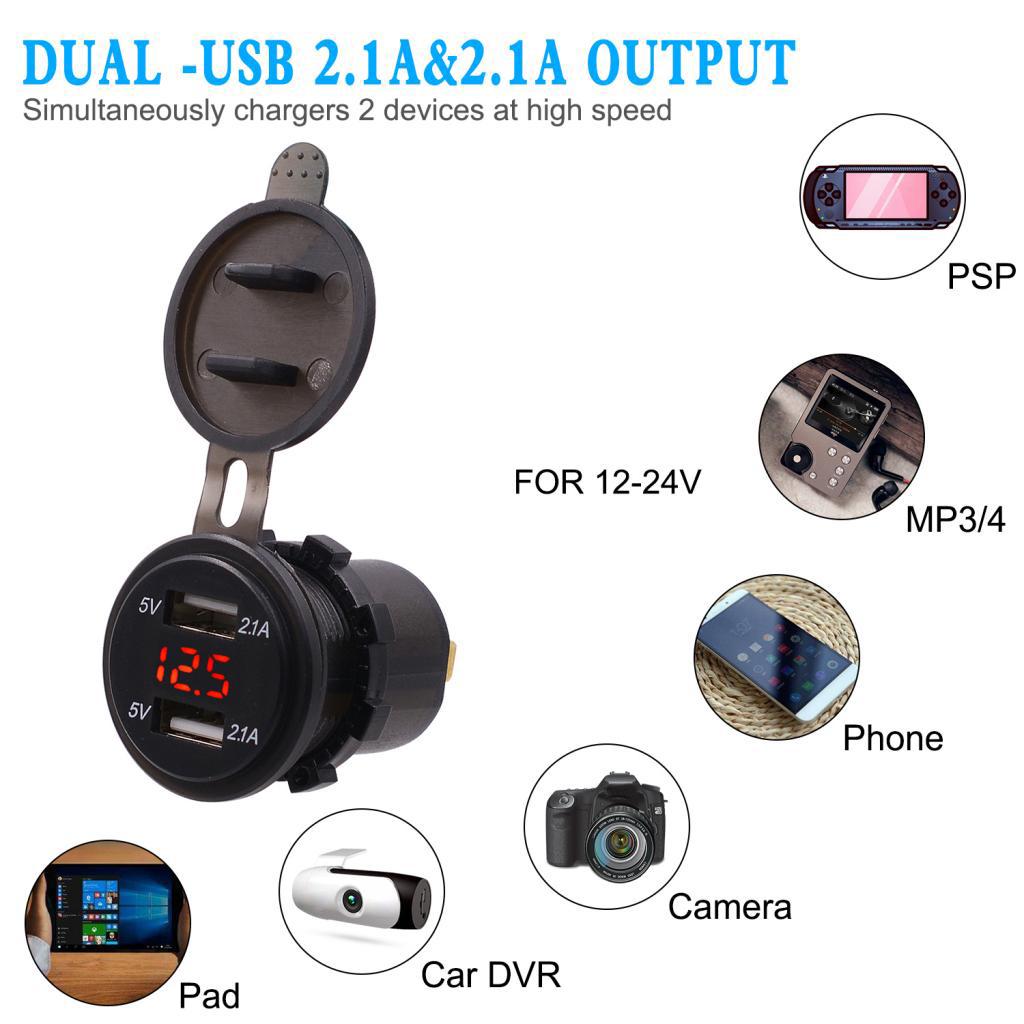 Dual USB Charger Power Outlet Digital Voltmeter Red LED Light 12-24V for Car
