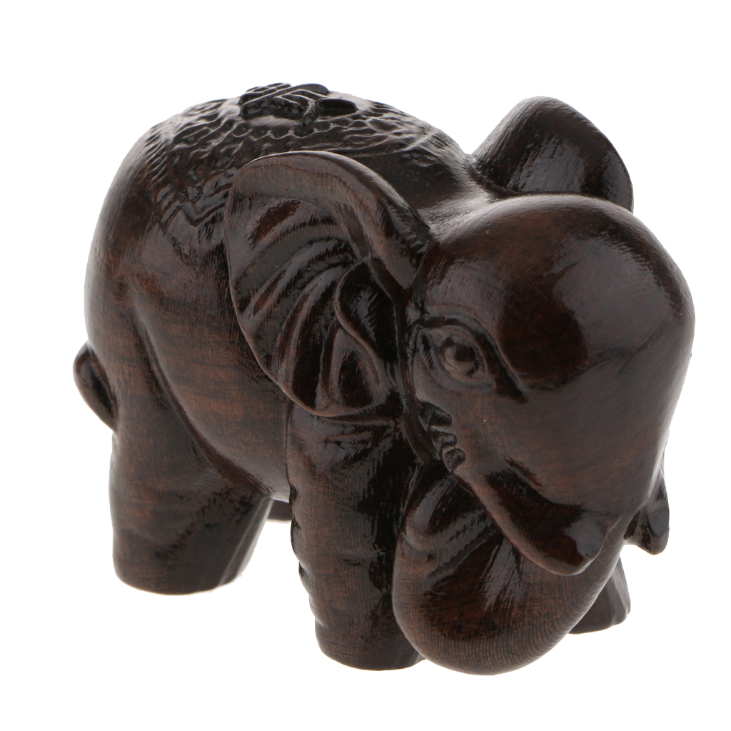 Wood Brown Lucky Elephant Ornament Gift Figurine a Animal Sculpture Model Miniature 8cm for Home Office Shop