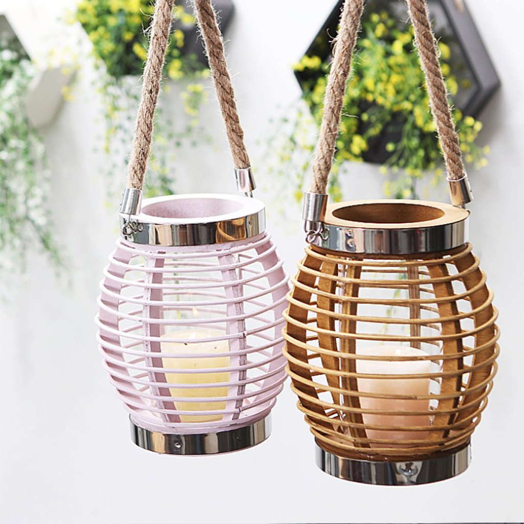 Rustic Style Wooden Wicker Style Round Lantern Tea Light Candle Holder Pink