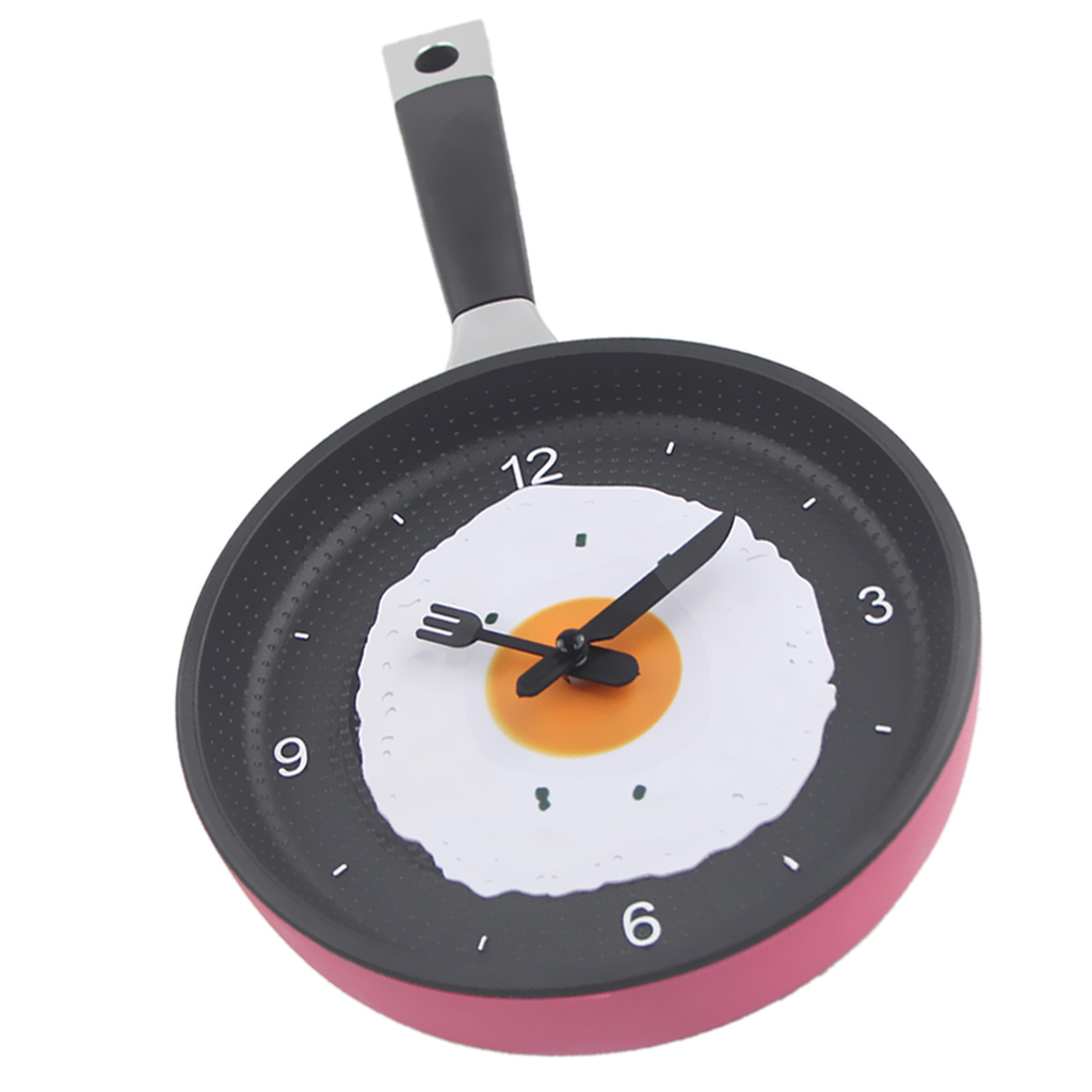 Creative Pan with Fried Egg Shape Wall Clock for Kitchen Bedroom Pink