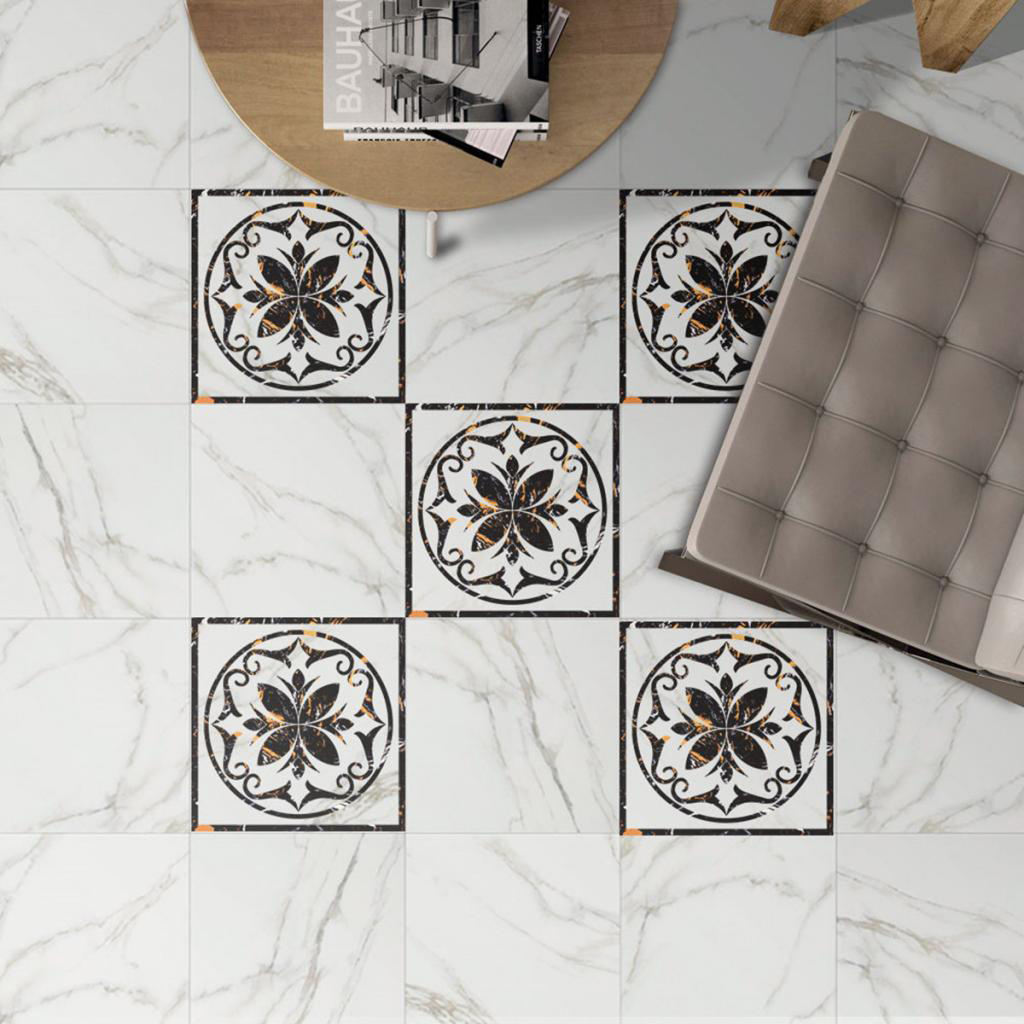 Marbling Wall Floor Tile Stickers Black Golden Marbling flower+Ring 60x60cm