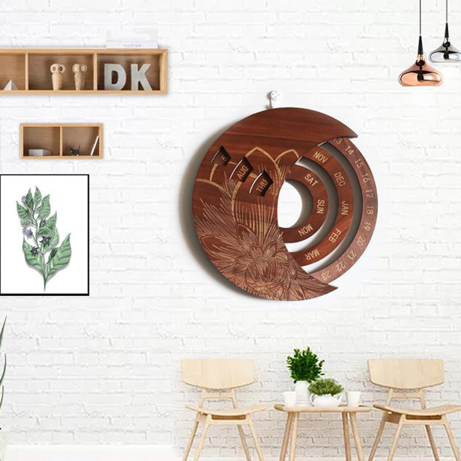 Circle Calendar Wooden Everlasting Perpetual Wall Hanging Crafts Coffee