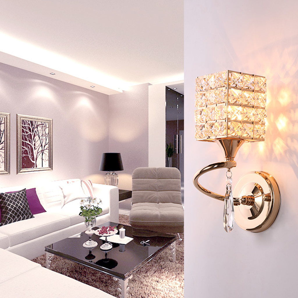 2xCrystal Wall Light Sconces Glass Wall Lamp Fixture E27 Gold Square