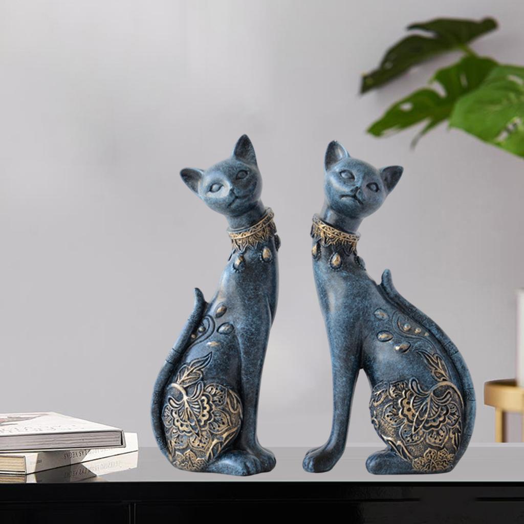 Couple Cat Resin Figurine Lifelike Animal Sculpture Statue Home Dark Blue