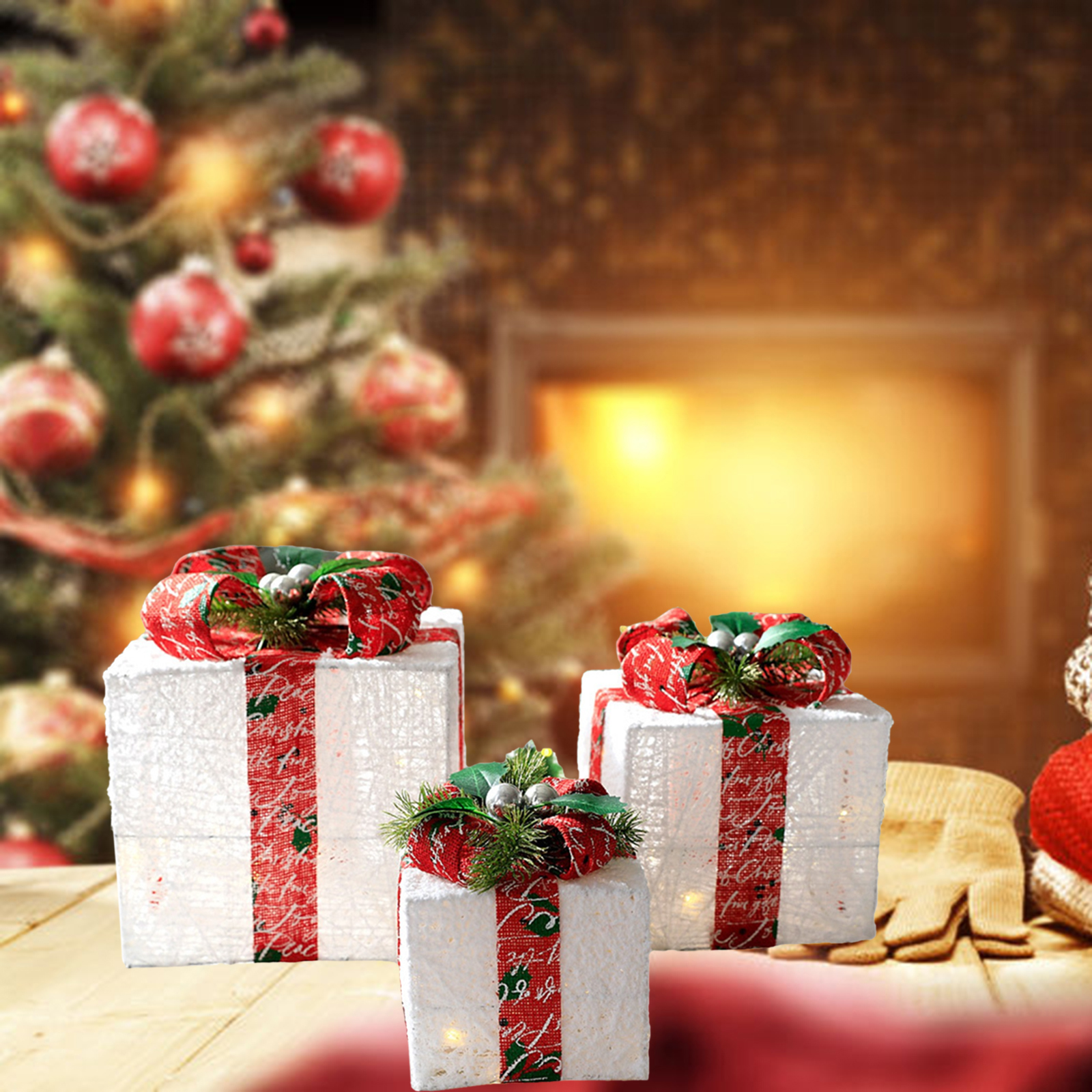 3Pcs Christmas Decoration Gift Box Christmas Tree Ornaments Luminous Art White
