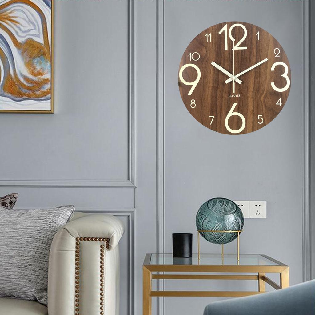 Wall Clock Luminous Glow in Dark Silent Wood Bedroom Office Large Numerals