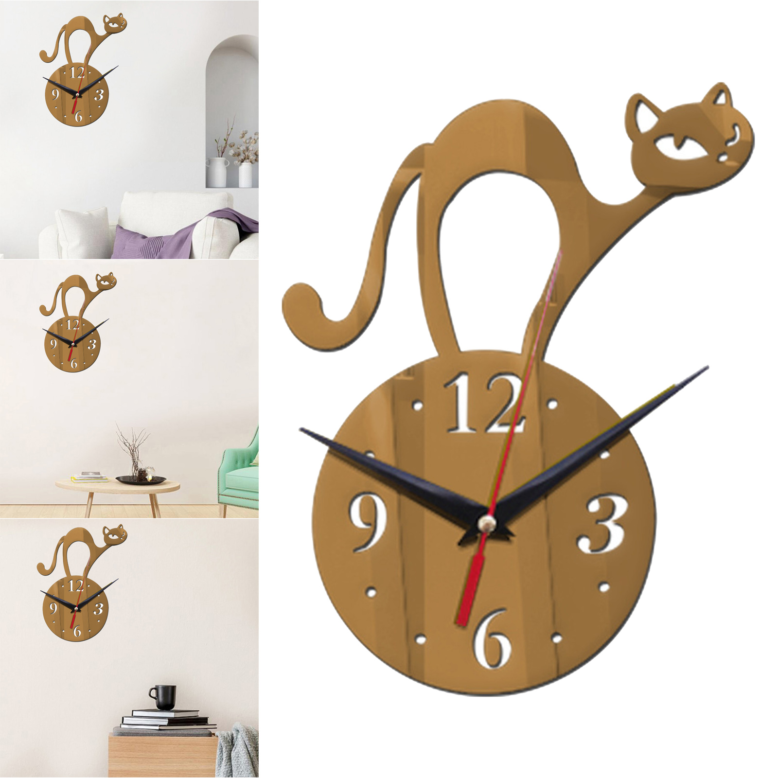Creative Cat Wall Clocks Mirror Irregular Minimalist for Home Decor Brown