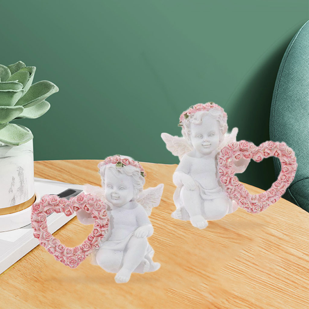 2x Cute Cherub Figurines with Pink Roses Memorial Wedding Angel Figurine