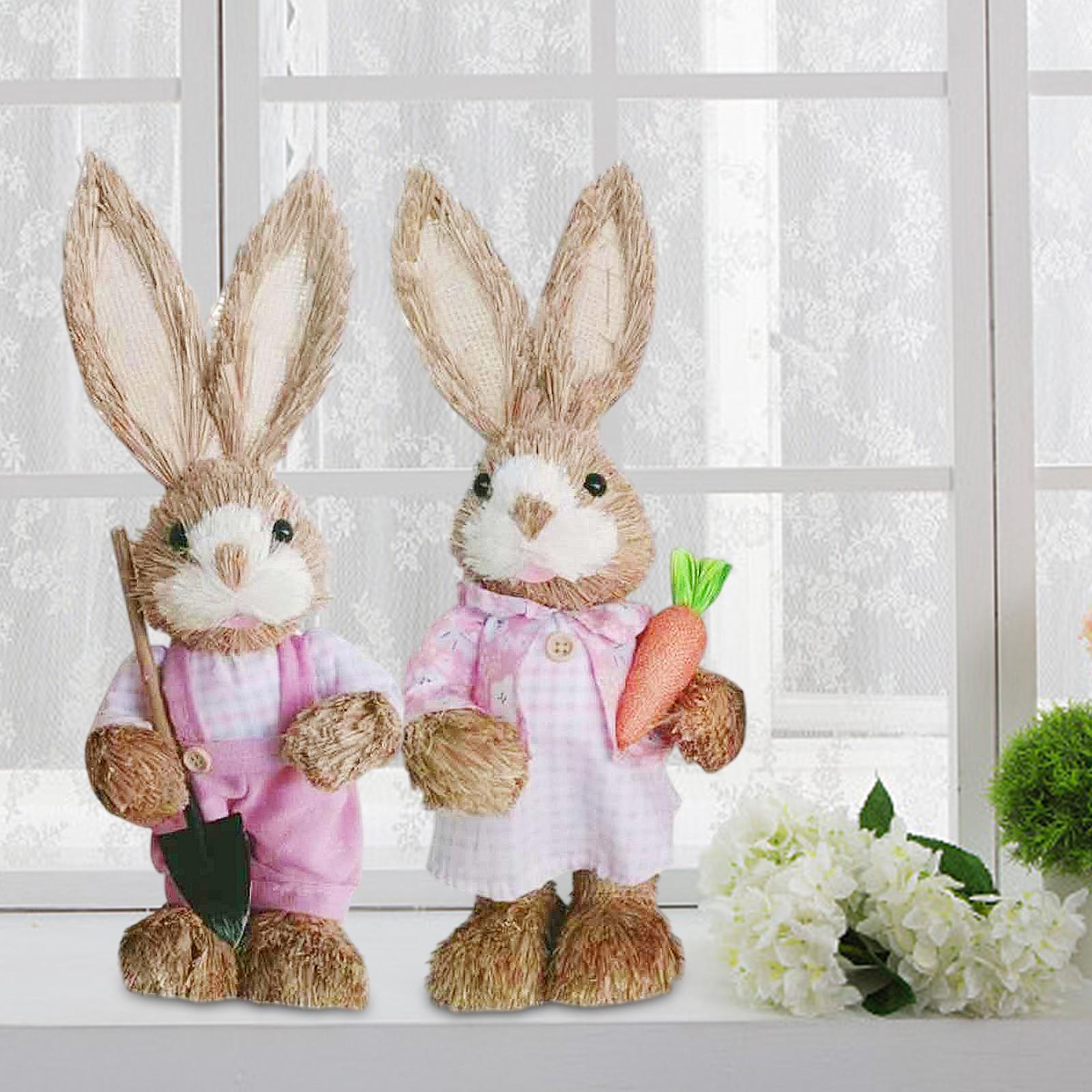 1Pair Straw Bunny Decor Farmer Bunny Standing Animal for Home Table Ornament Pink