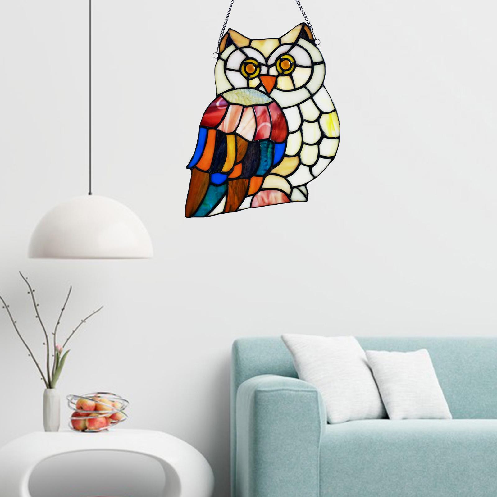 Stained Glass Window Hangings Panel with Chain Owl for Window Wall Decor