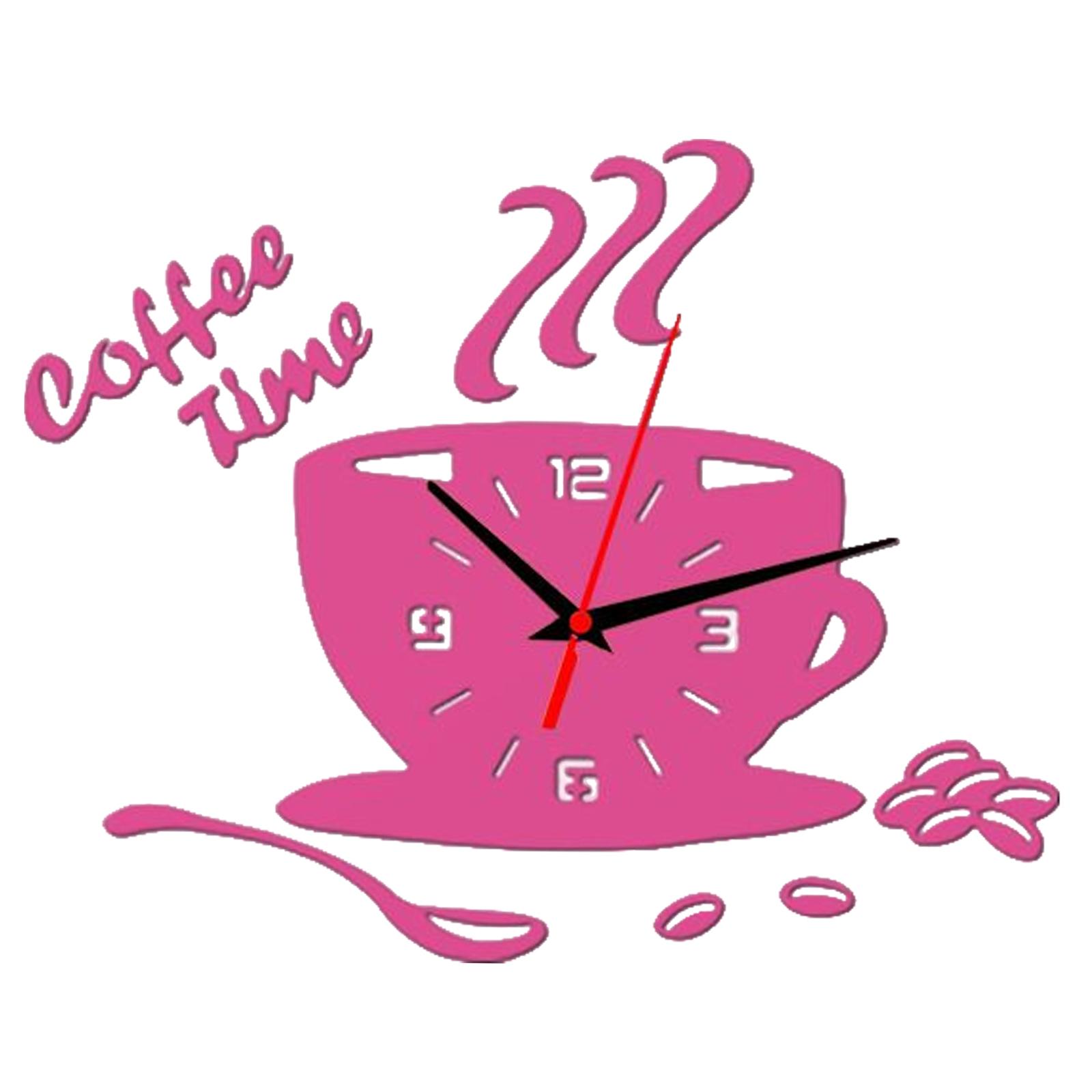 3D DIY Coffee Cup Wall Clock Watch Clocks Mirror for Office Decor pink
