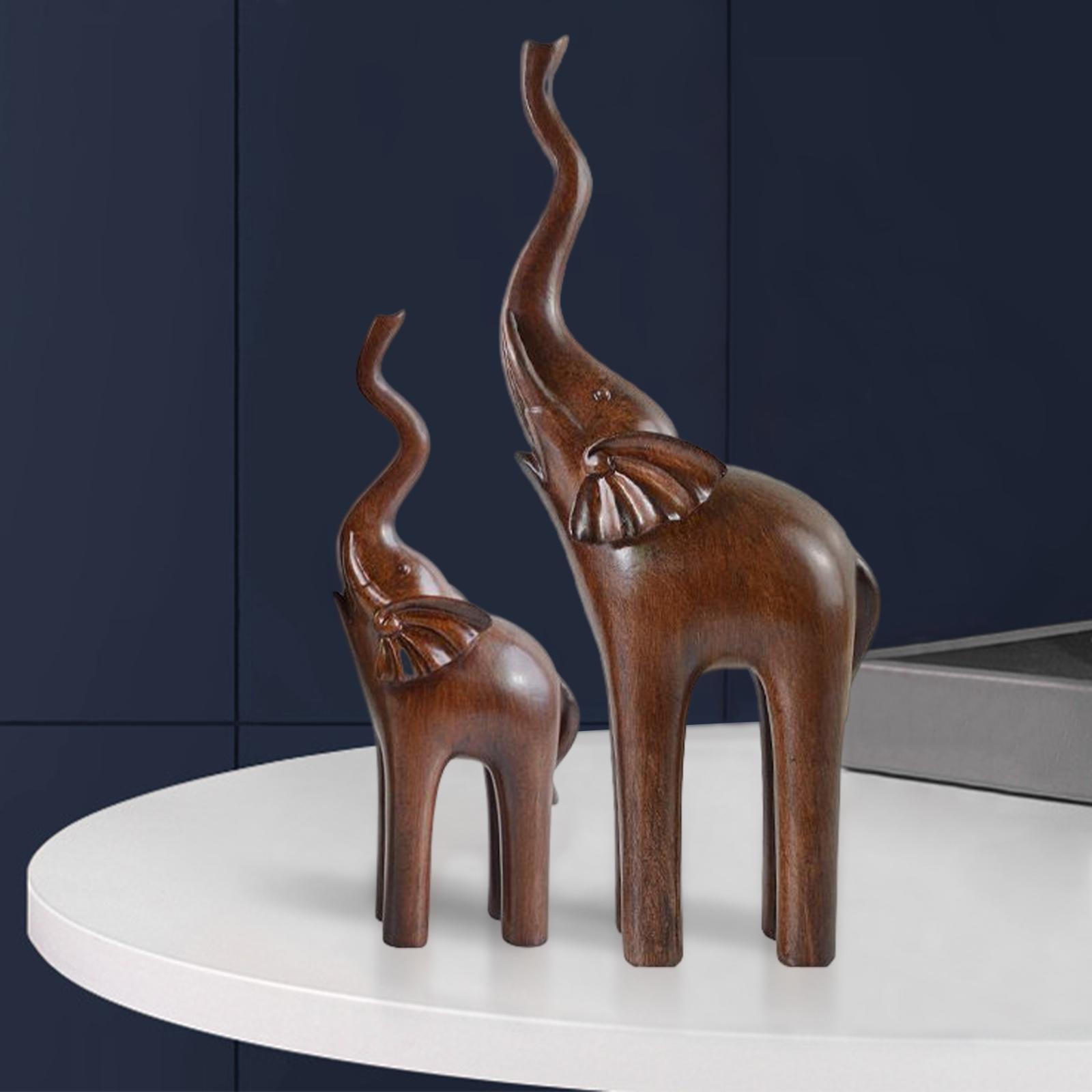 2x Elephant Statue Figurines Desktop Mother Baby Living Room Ornament Brown