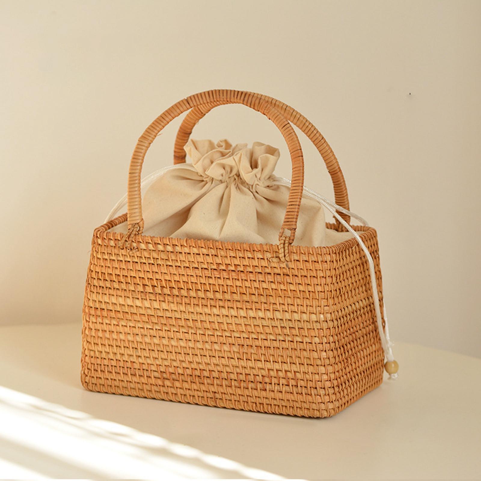 Hand Woven Rattan Handbag Boho Style Picnic Travel Clutch Bag Hand Basket Rectangle
