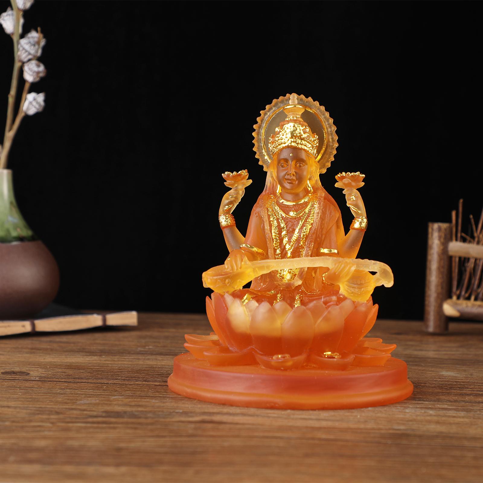 Hindu Saraswati Sitting On Lotus Figurines indian Sculpture for Desktop Orange