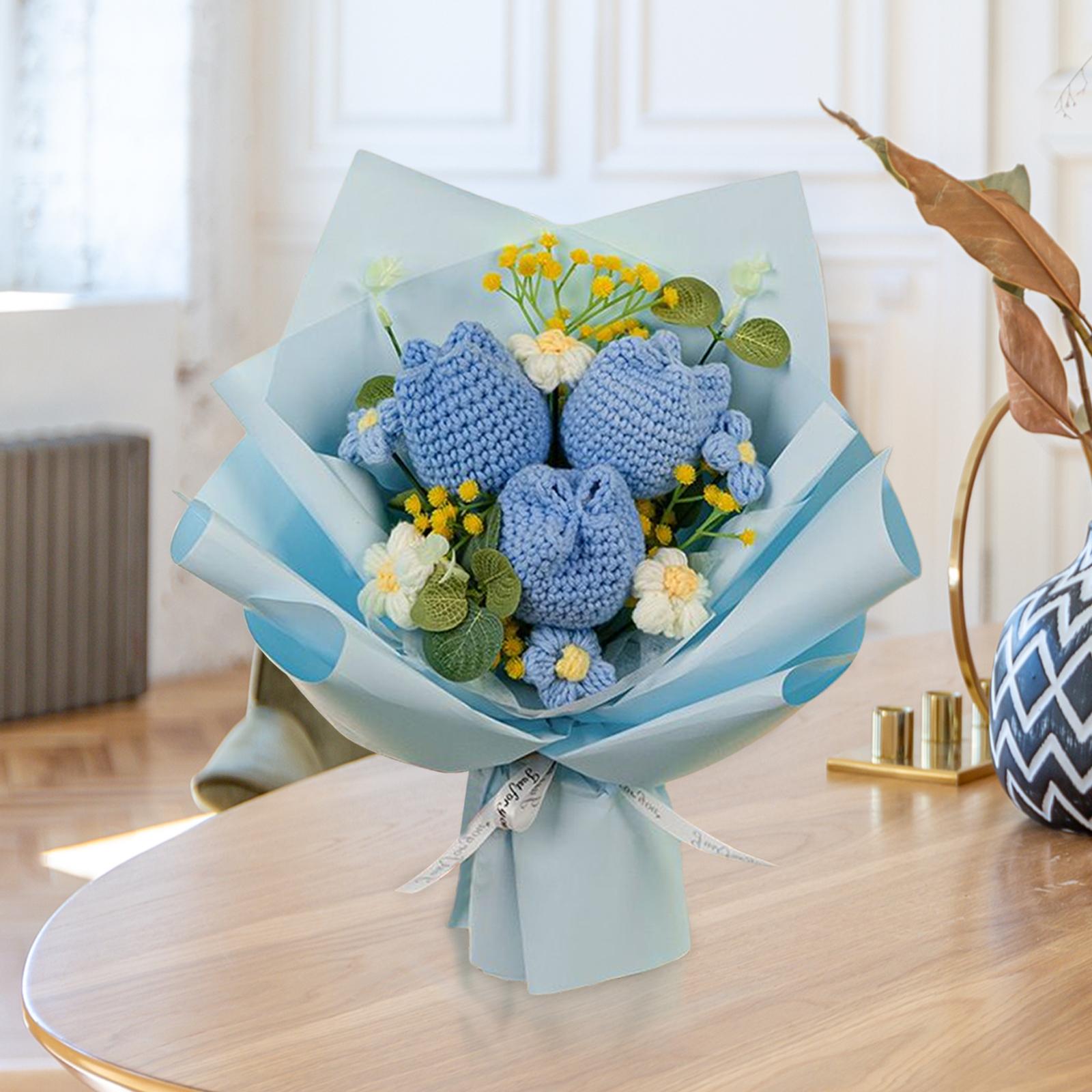 Crochet Flower Bouquet Tulips Artificial Flowers for Home Thanksgiving Party Blue