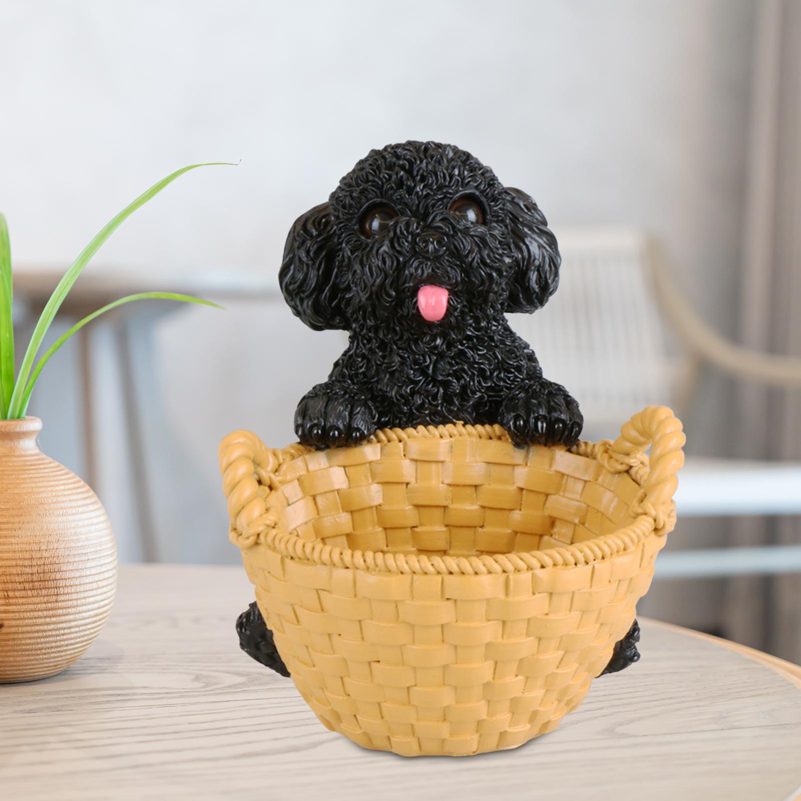 Dog Statue with Basket Puppy Figurine Storage Box for Office Restaurant Black