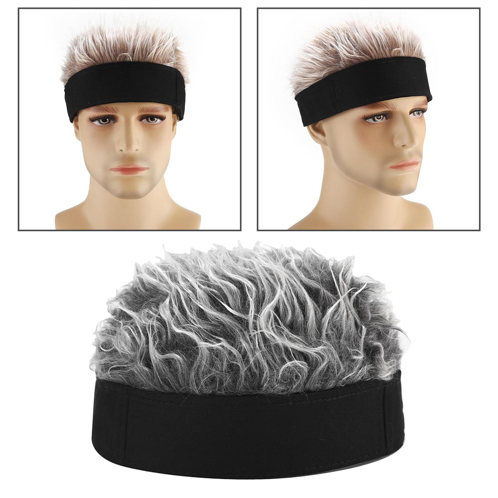 Unisex Beanie Hat with Fake Hair Fashion Wig Brimless Hat Black Gray