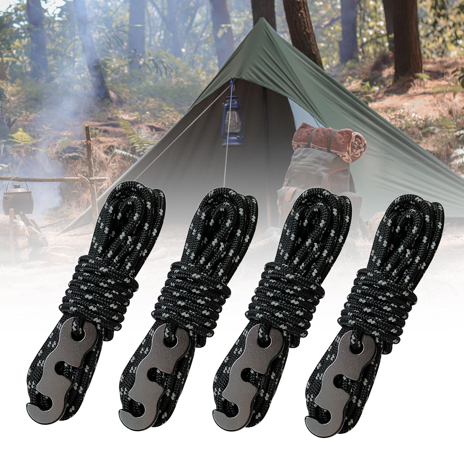 4x Camping Tent Cords Hiking Picnic Survival Gear Activity Outdoor Guy Lines Black