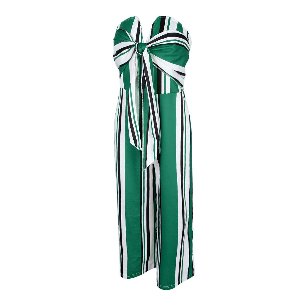 Striped Tie Front Strapless Jumpsuit Long Wide Leg Pants Romper M Green