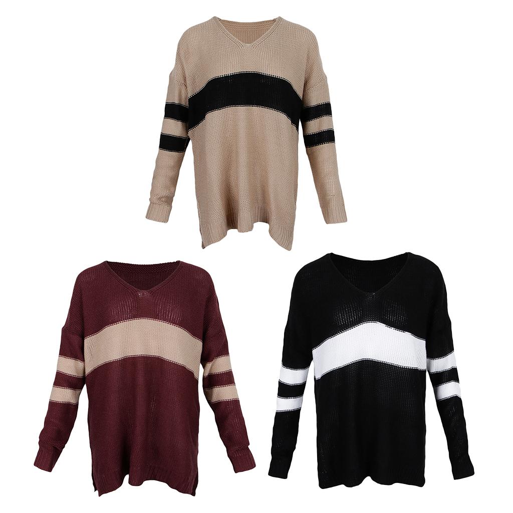 Women's Stripe Contrast Color Long Sleeve V Neck Pullover Sweater  Black S