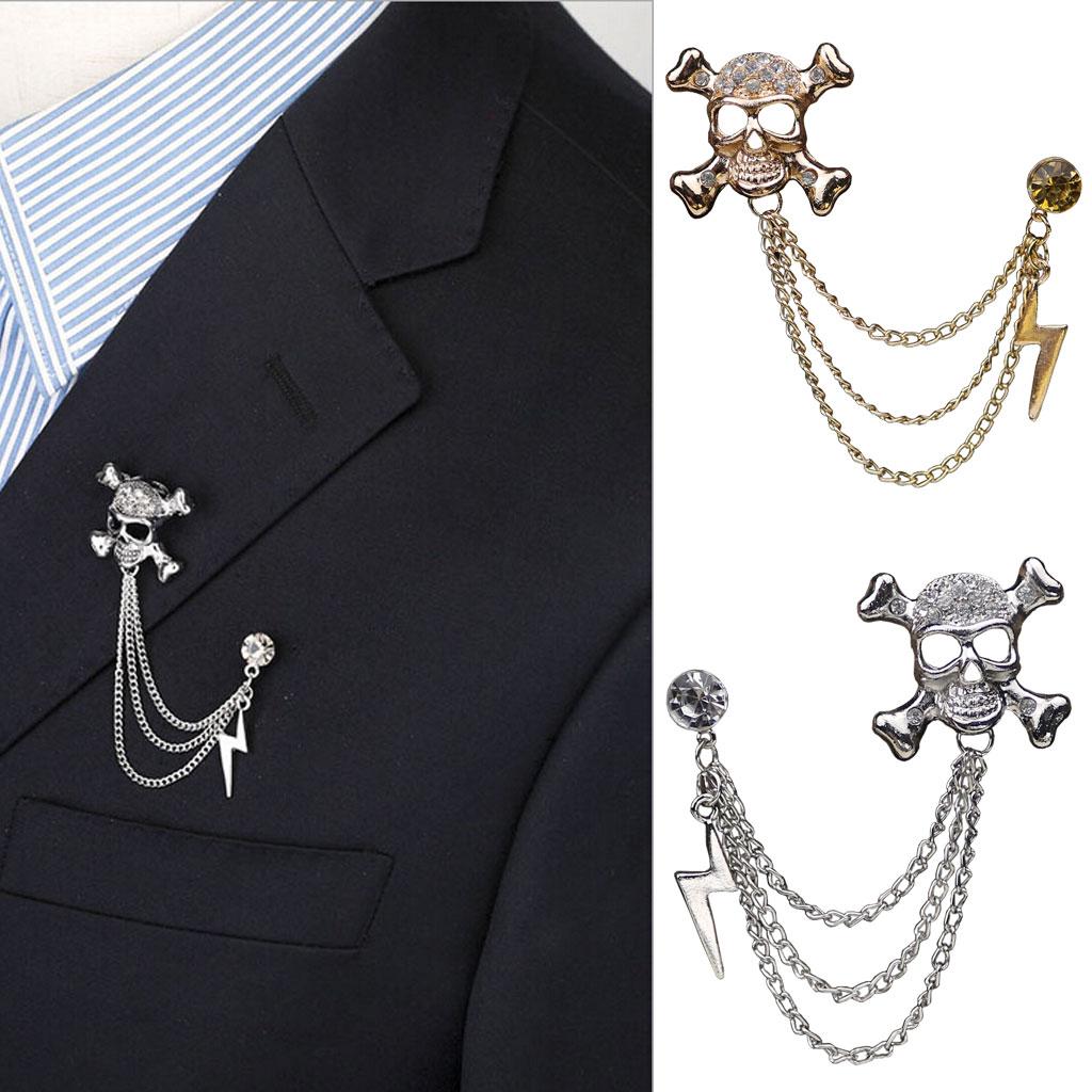 Silver Crystal Skeleton Collar Chain Brooch Pin Men's Suit Fashion Jewelry