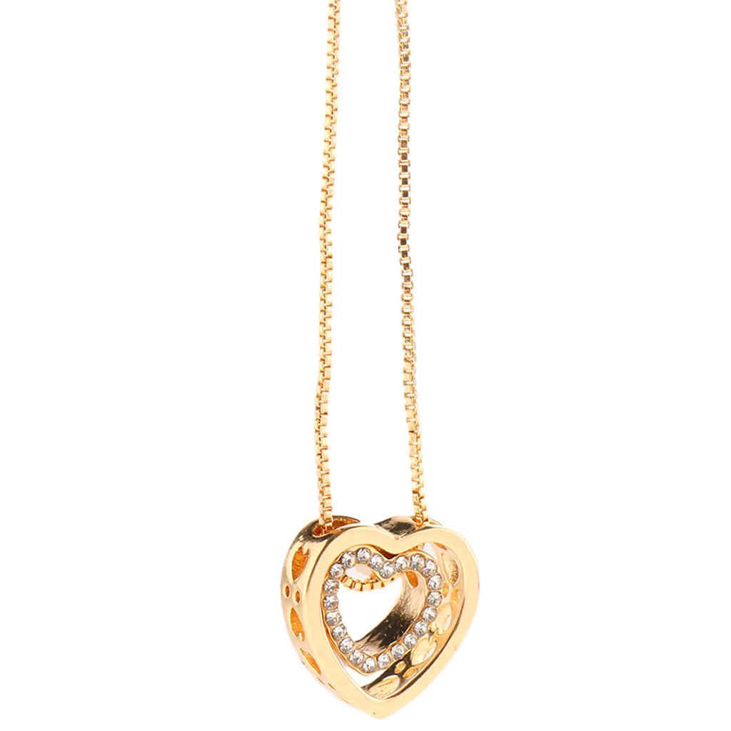 Double Heart Crystal Pendant Rhinestone Clavicle Chain Necklace Gold