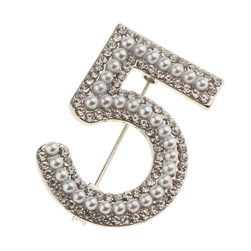 3 Pcs Fashion Women Crystal Rhinestone Pearl Number 5 Brooch Pin Jewelry