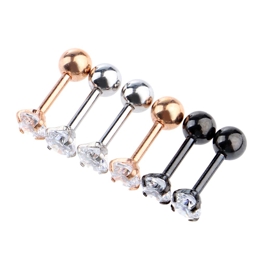 3 Pairs Stainless Steel Zircon Piercing Stud Earrings Round White Zircon