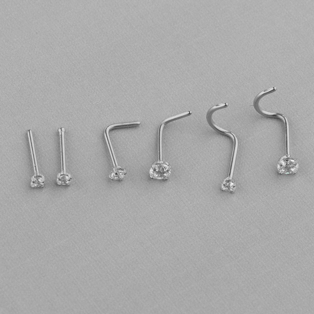 6 Pieces Stainless Steel Zircon Crystal Screw Curved Nose Piercing Silver