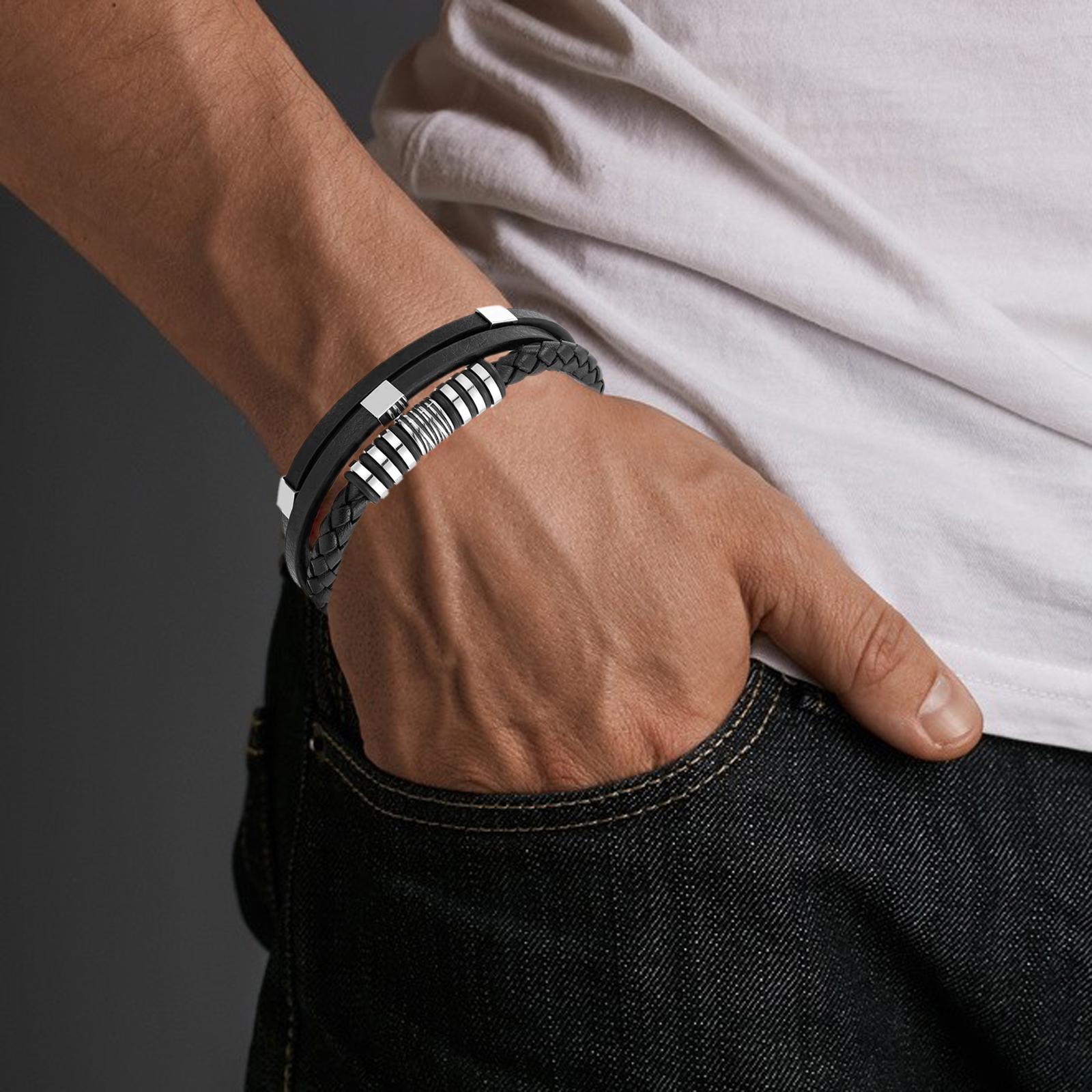 Punk Bracelet Titanium PU Leather 3 Layers Simple Circle Rings