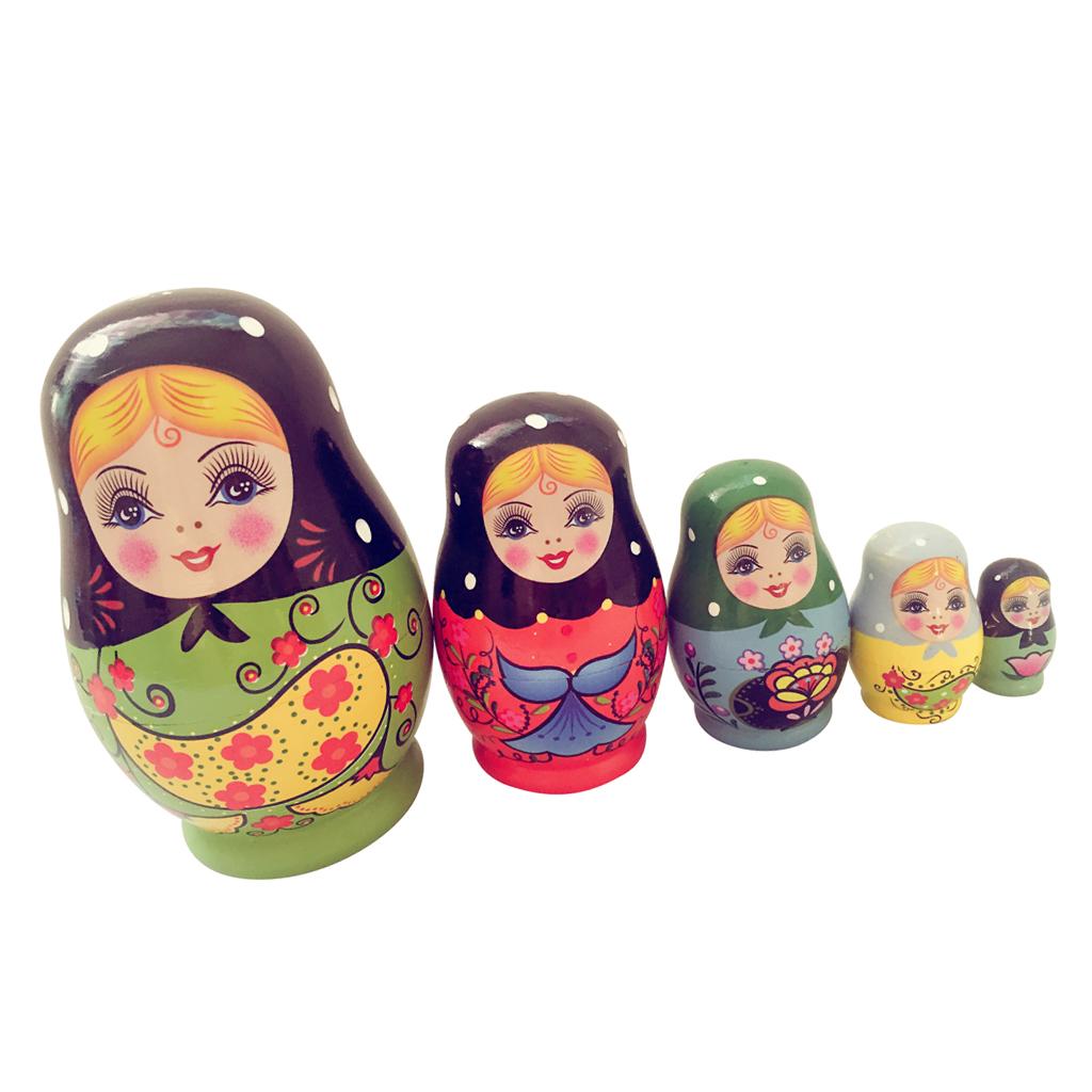 5PCS Painted Girls Wooden Russian Nesting Dolls Babushka Matryoshka Toys