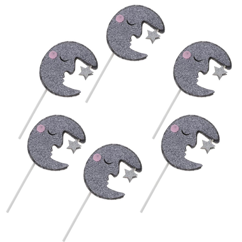 6 Pieces Glitter Sleeping Moon Cake Topper Birthday Party Cupcake Picks