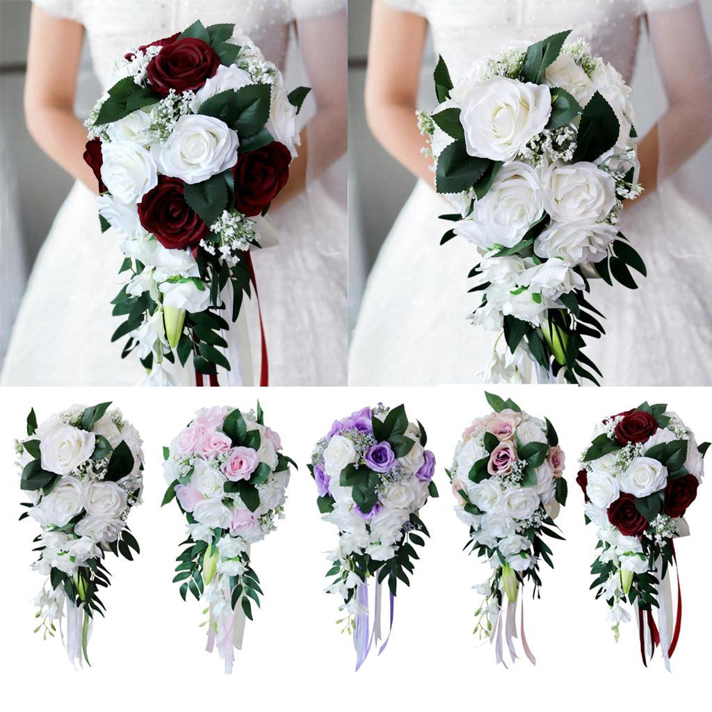 White Realistic Wedding Bride Bouquet Hand Tied Flower Decor Party Supply