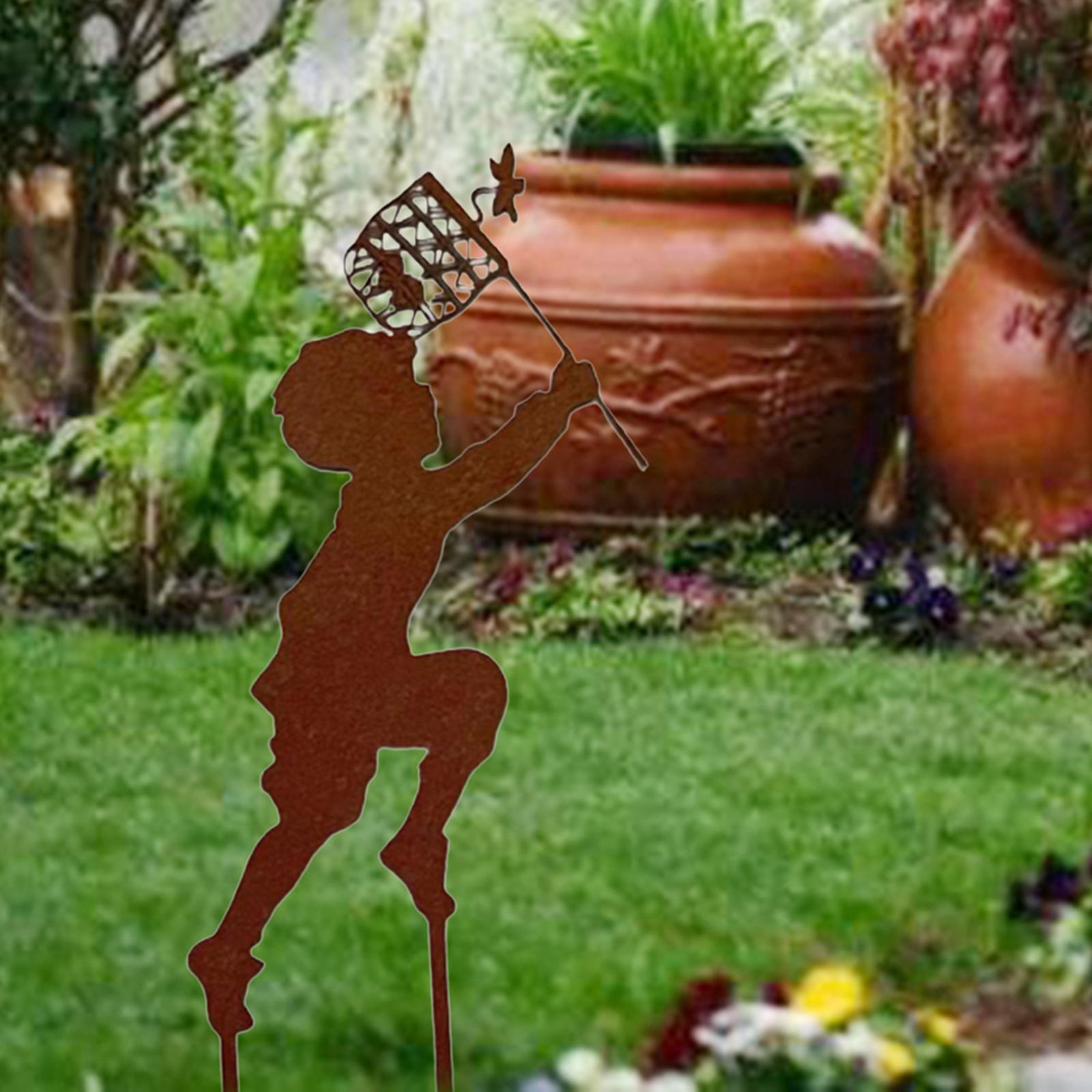 Craft Iron Children Silhouette Garden Pation In-Ground Statues Boy