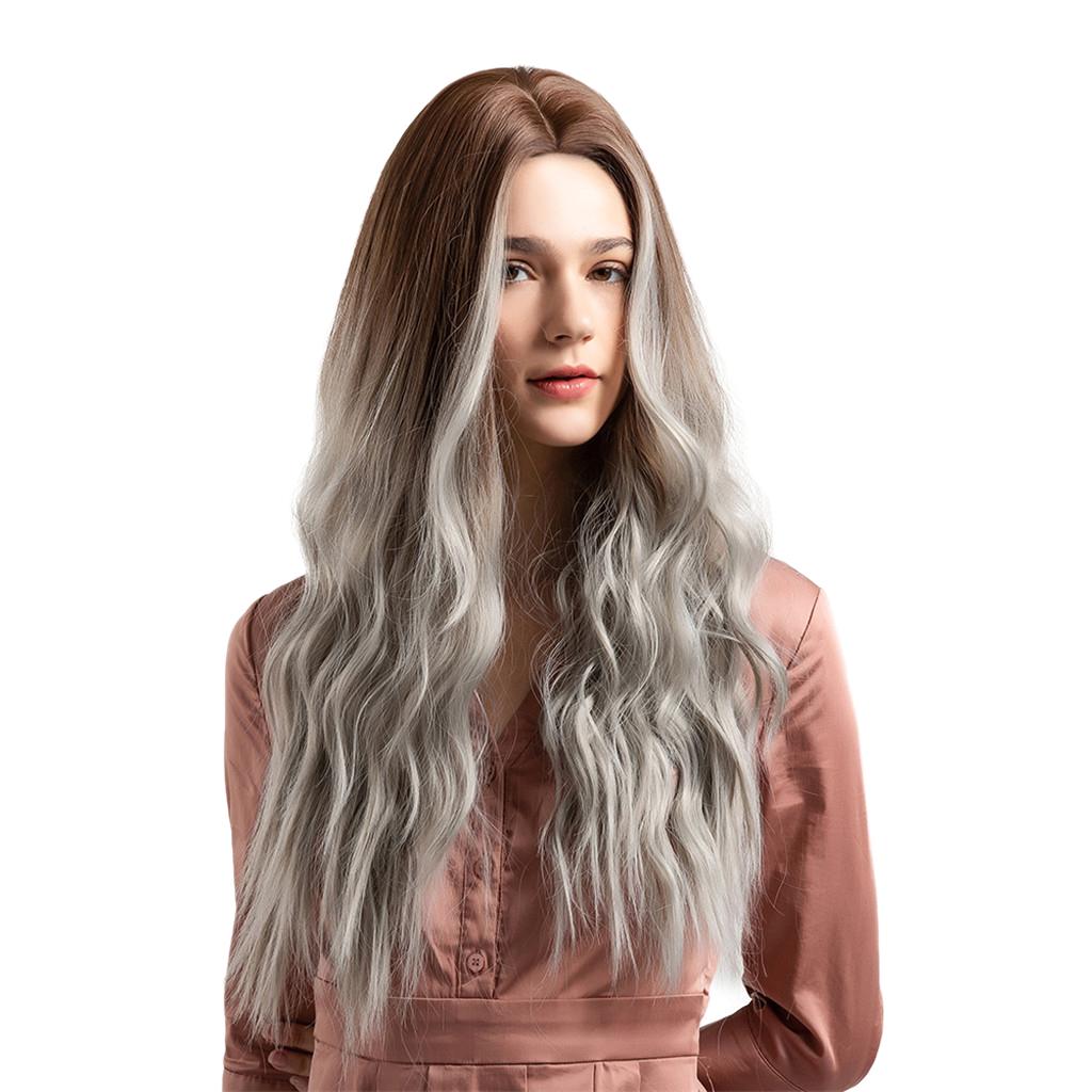 Women Gradient Gray Long Curly Wig Hairpieces Synthetic Cosplay Wig 26inch