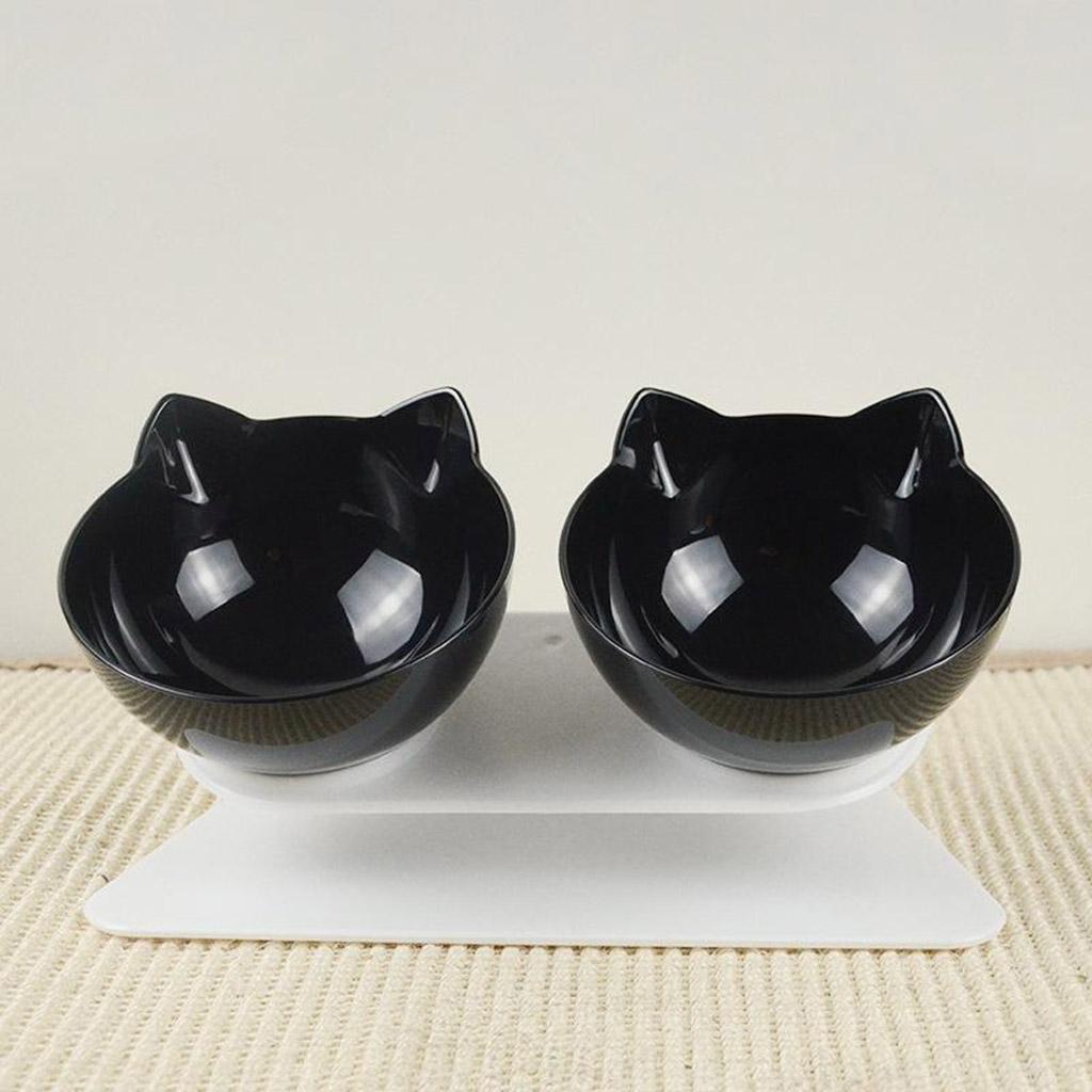 Pet Food Water Feeder Dogs Cats Double Bowl with Stand Double Black