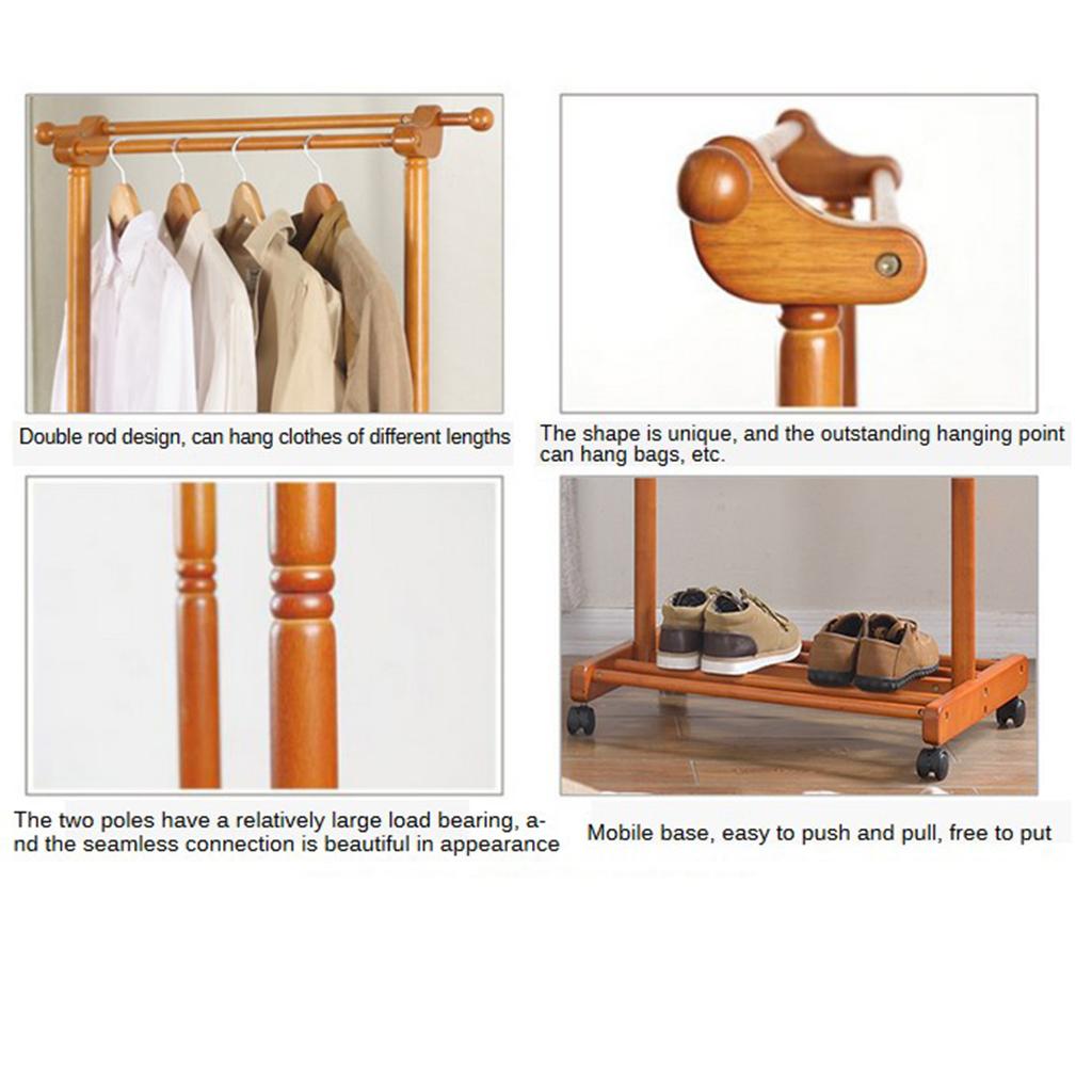 Wooden Double Bar Heavy Duty Clothes Rolling Garment Coat Rack Hanger Holder