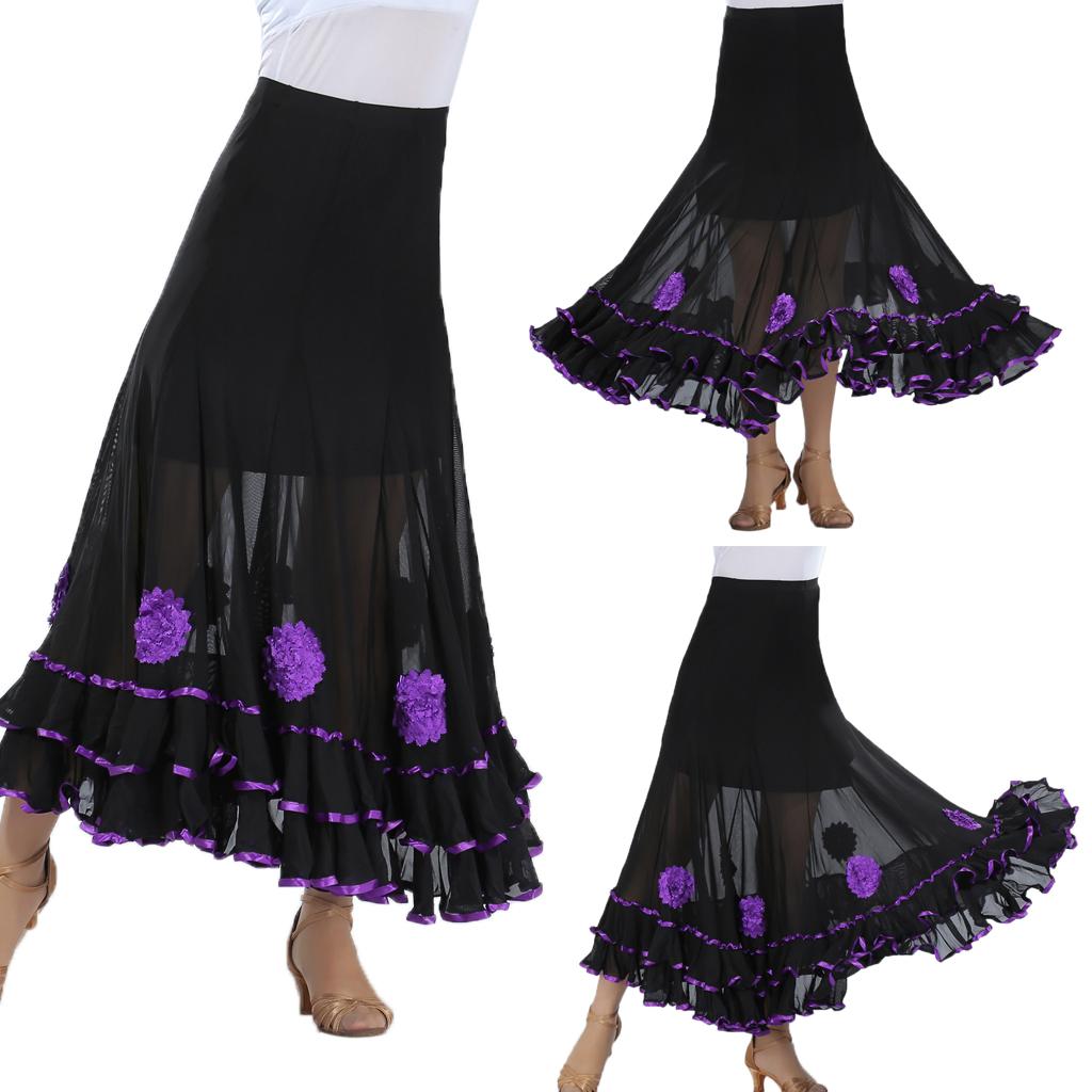 Flamenco Ballroom Dance Skirt Flower Full Swing Latin Skirt Waltz Costumes Purple