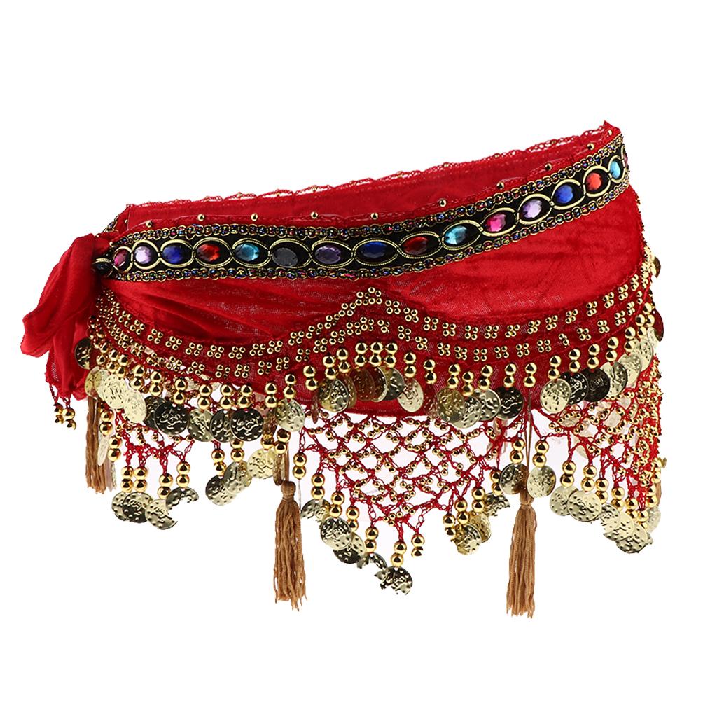 Womens Sequins Belly Dance Hip Scarf Wrap Skirt with Gold Coins Red