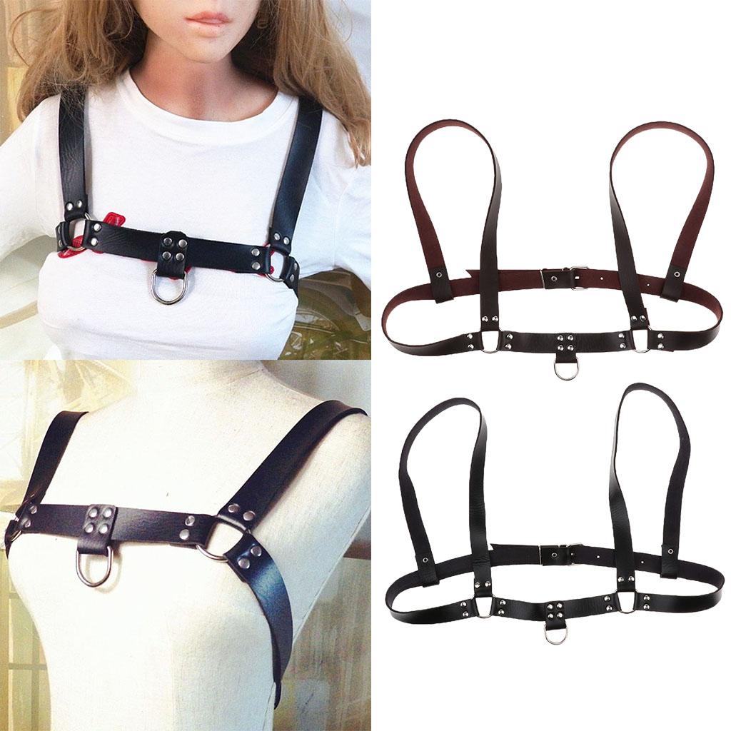 Faux Leather Body Chest Half Harness Belt Adjustable Straps Unisex Black