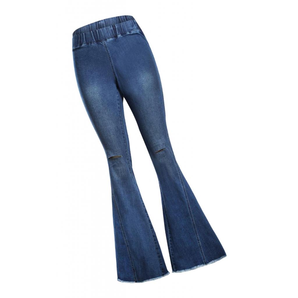 Womens Flared Trousers with High Waist Knee Holes Denim Jeans S