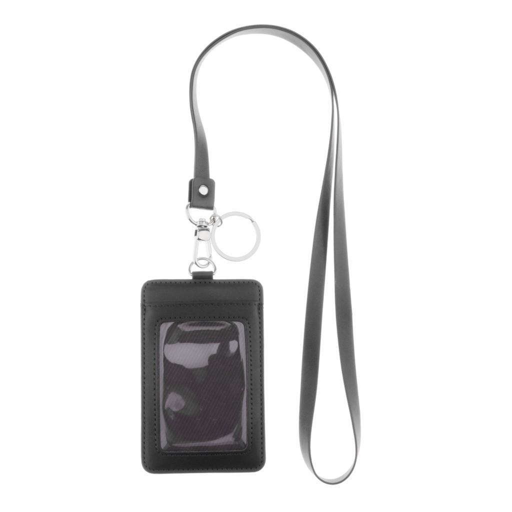 2-Sided Badge Holder PU Leather Bus Card Holder Wallet with Lanyard ...