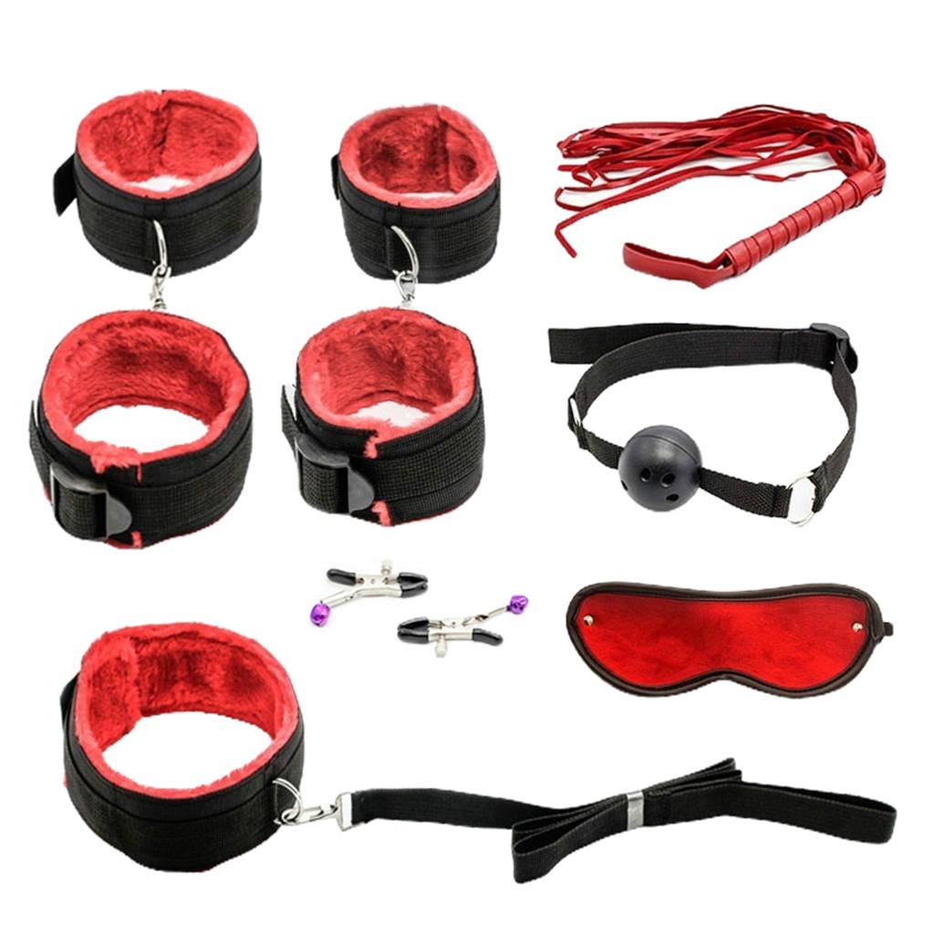 Couples Under Bed Restraint Strap with Fur Hand&Anklecuffs & Ball Gag Red