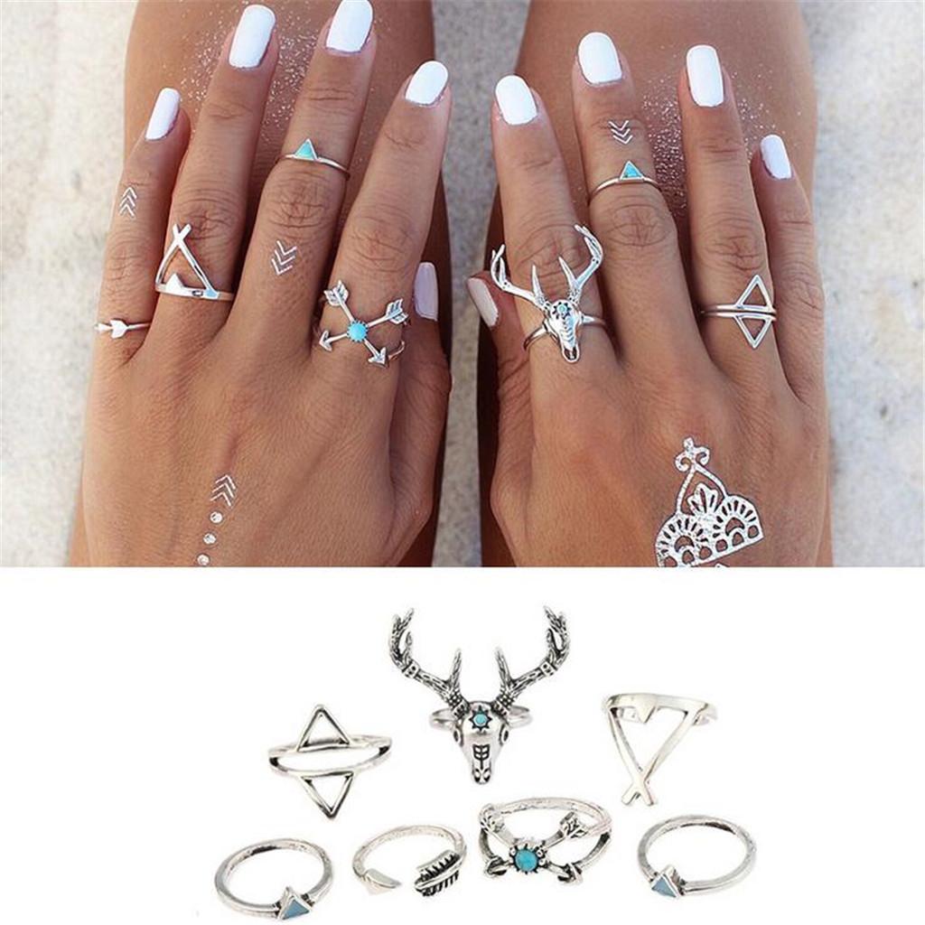 7pcs Women's Bohemian Ring Set Deer Arrows Triangle Golden