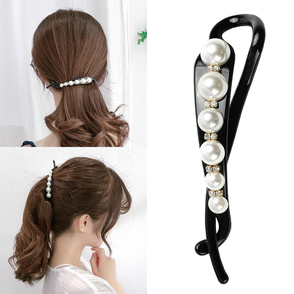 Black White Pearls Bow Banana Hair Clip Diamond Ponytail Holder Hair Clip